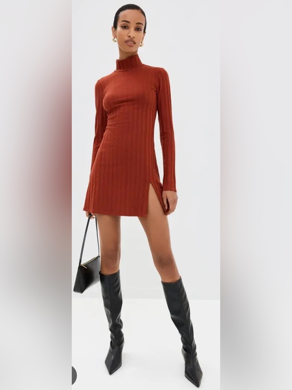 New Reformation Libra Knit Dress Oxide Rust Ribbed Mock Neck Long Sleeve Mini XS